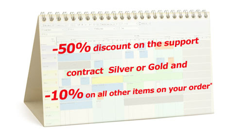 50% discount on the support contract Silver or Gold and 10% on all other items on your order