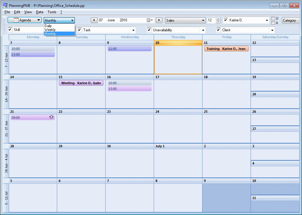 select the agenda calendar view in planningpme monthly calendar schedule
