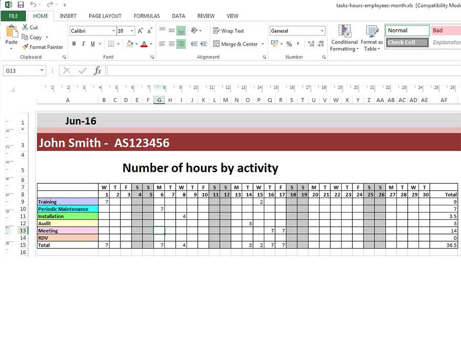 Monthly report of employees hours