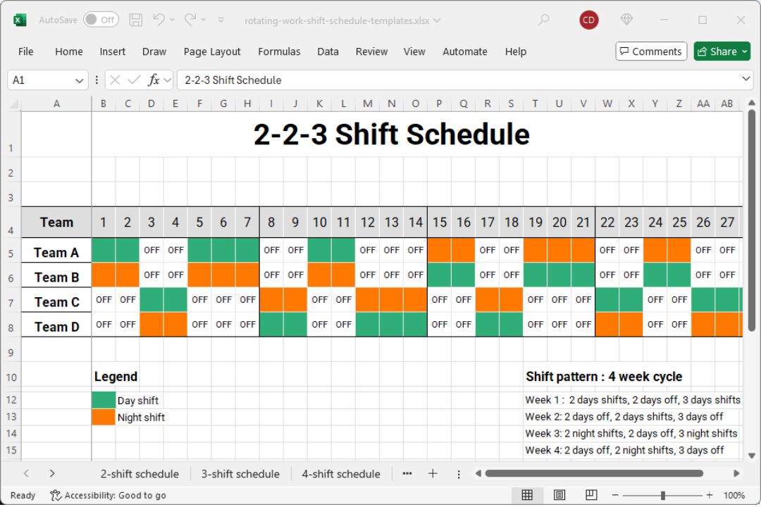 Excel 2-2-3 shift rotating schedule template