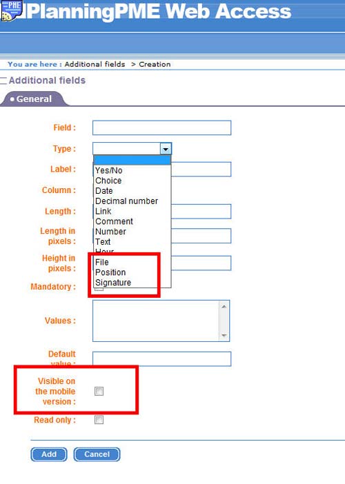 Custom fields PlanningPME Mobile