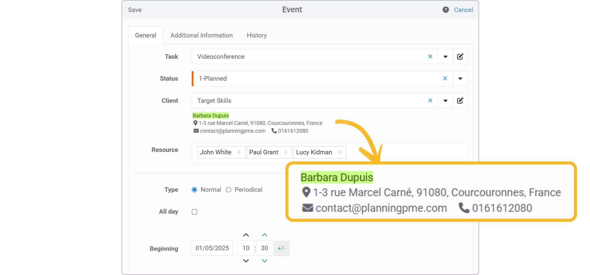 Example of a customised caption in PlanningPME