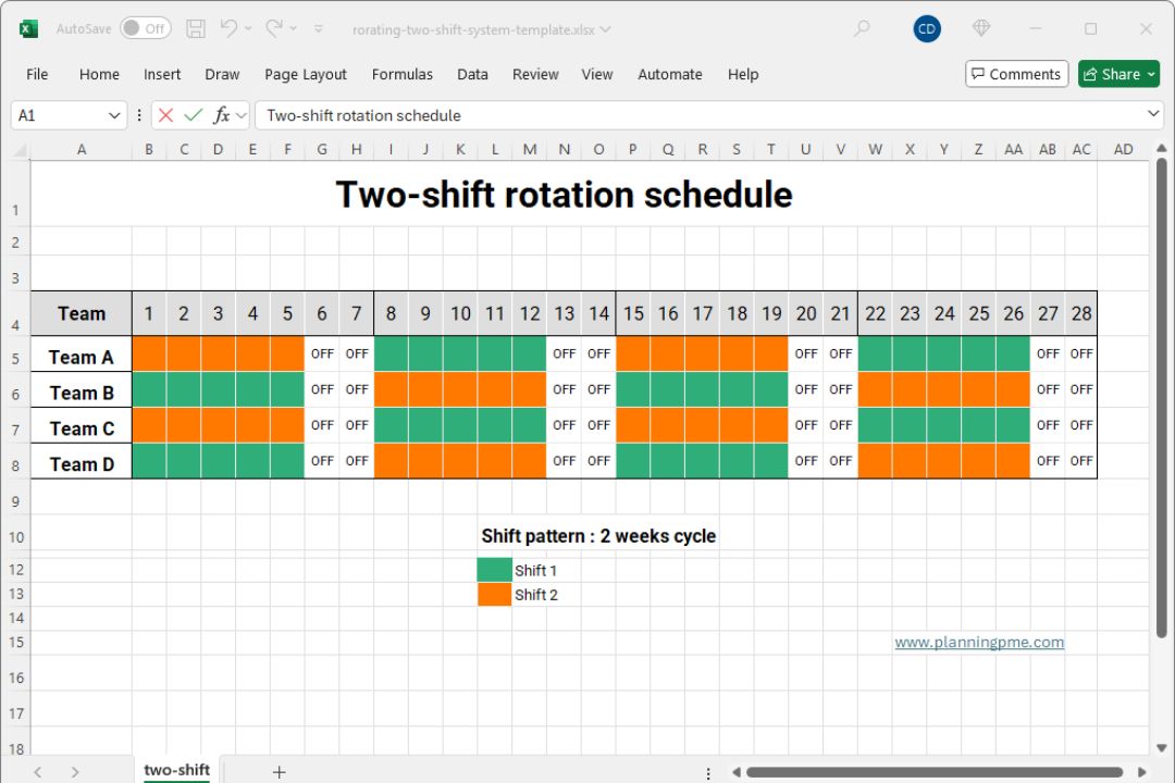 Excel two-shift rotating schedule template
