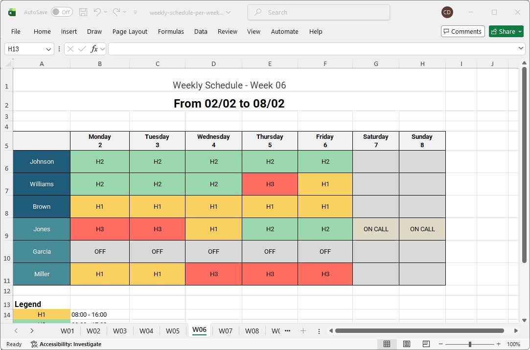 Example of a weekly schedule in Excel